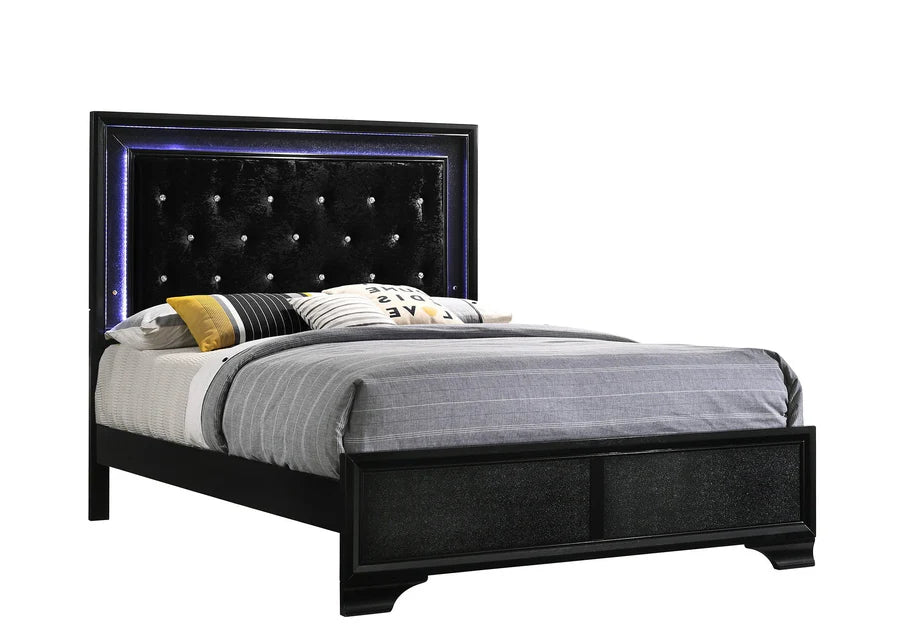Cama tapizada con paneles LED Micah Black King