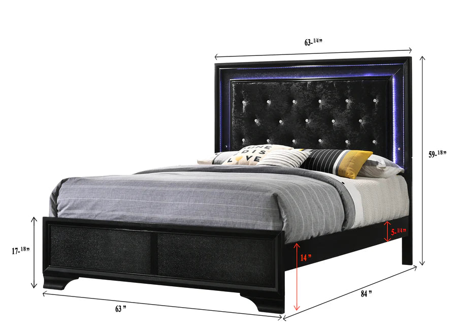 Cama tapizada con paneles LED Micah Black King