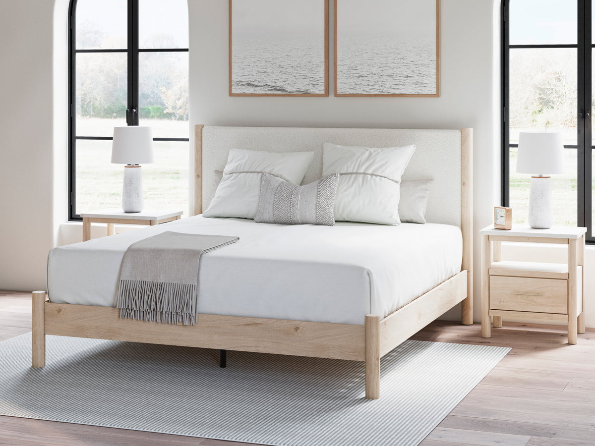 Cama Cadmori Queen con plataforma tapizada en dos tonos