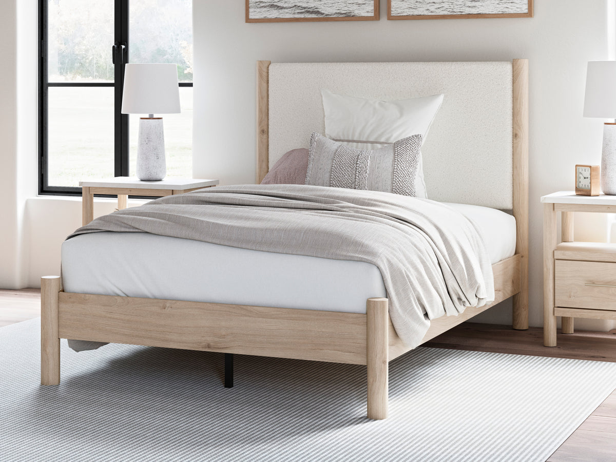 Cama Cadmori Queen con plataforma tapizada en dos tonos