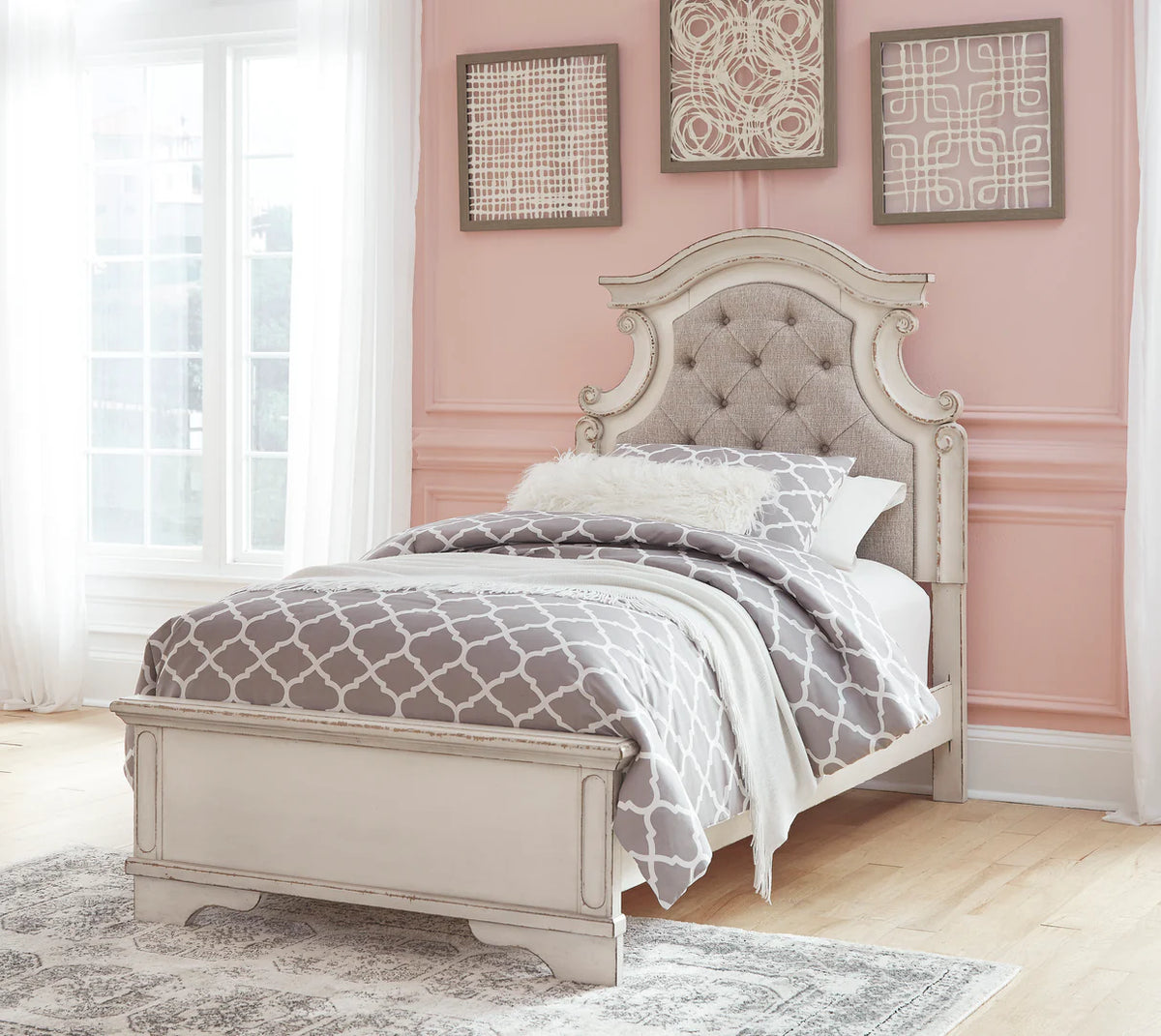 Realyn Chipped White Upholstered Youth Panel Bedroom Set