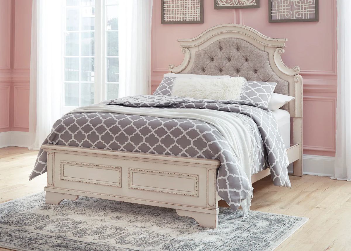 Realyn Chipped White Upholstered Youth Panel Bedroom Set