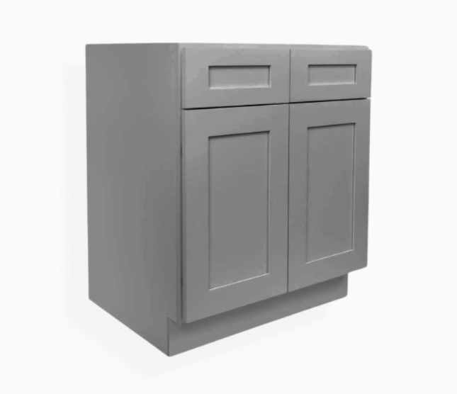 Base de fregadero gris estilo shaker con puertas dobles y cajones