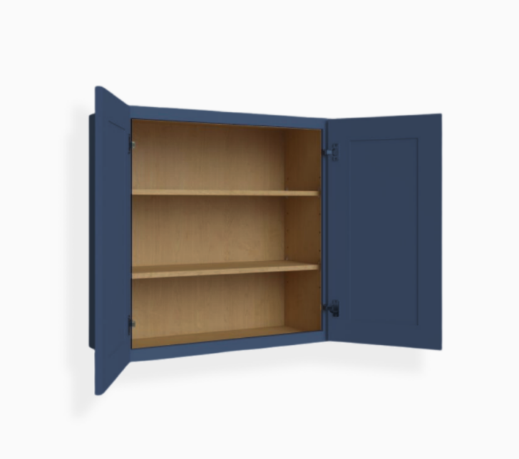 Armario de pared azul marino con dos puertas de 76 cm de alto y estilo Shaker
