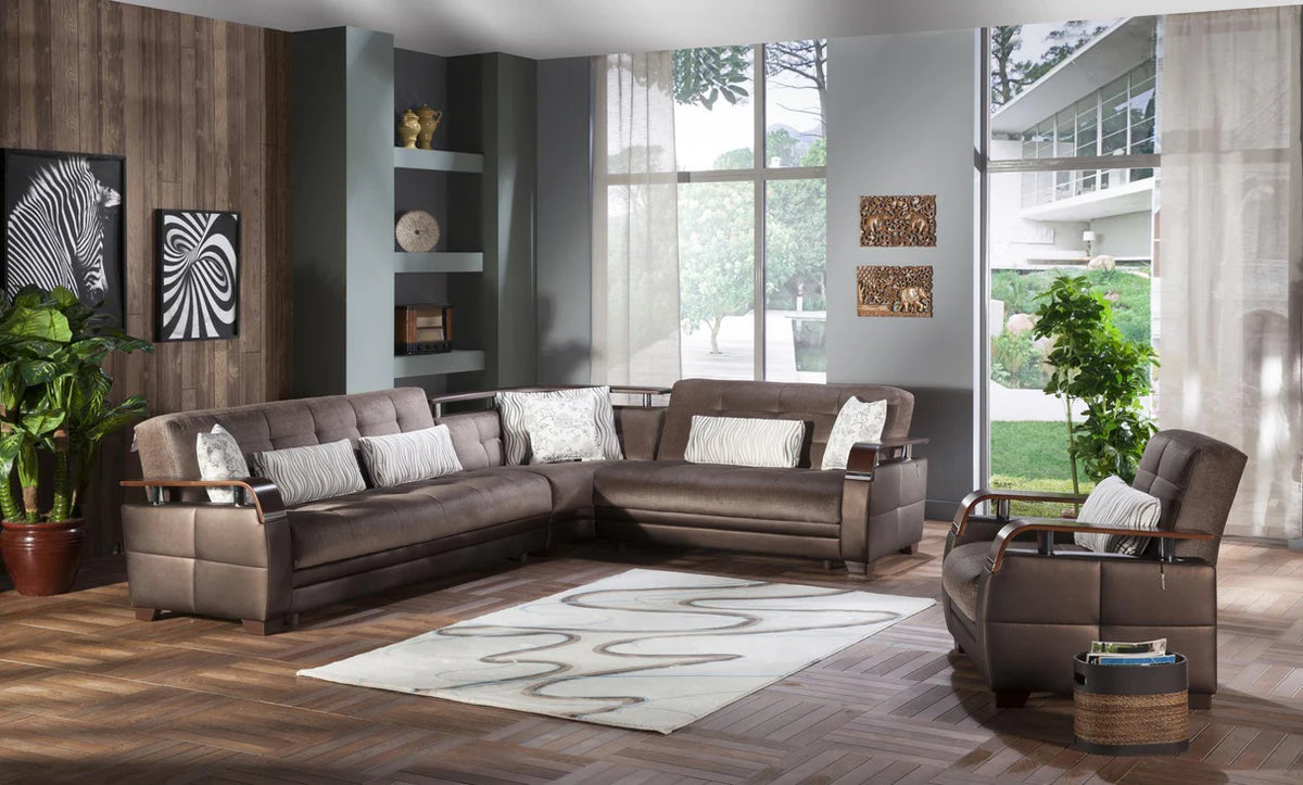 Sofá cama seccional con almacenaje Natural Prestige en marrón