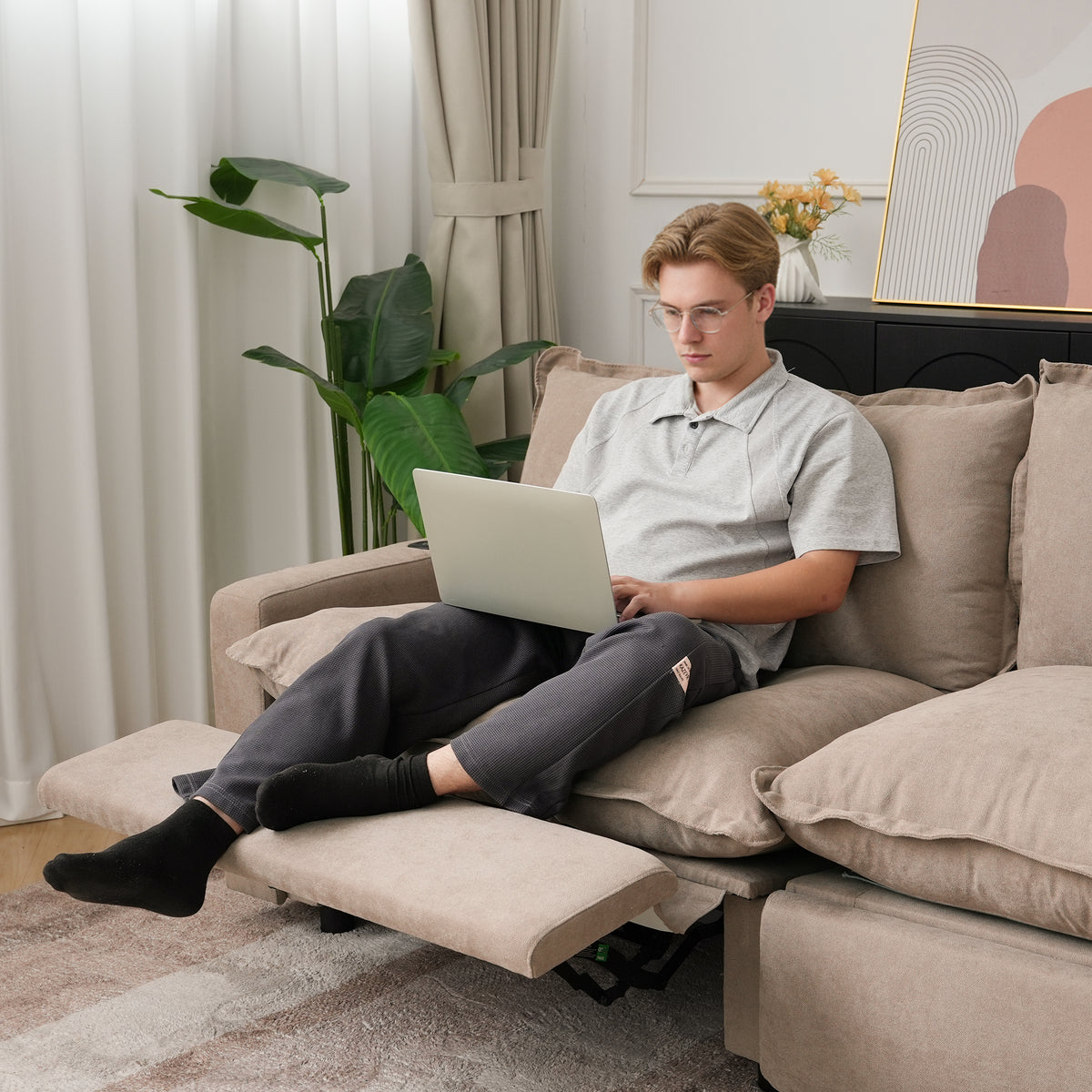 Contemporary Linen-Look Sectional with Wireless Charging