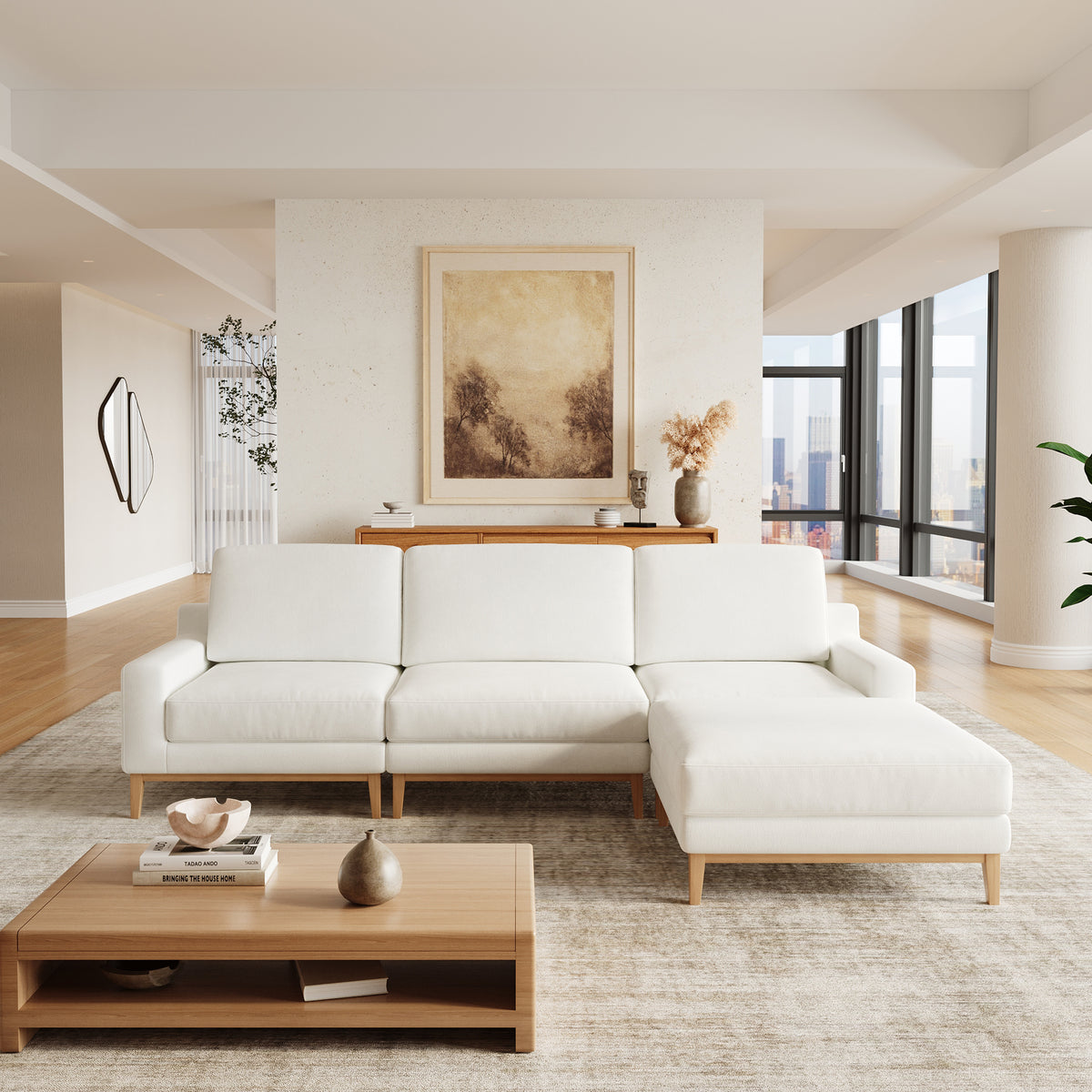 Modern Linen-Look L-Shaped Living Room Sectional Sofa