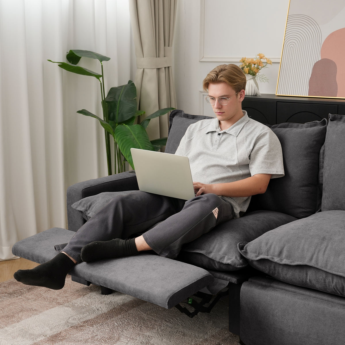 Contemporary Linen-Look Sectional with Wireless Charging