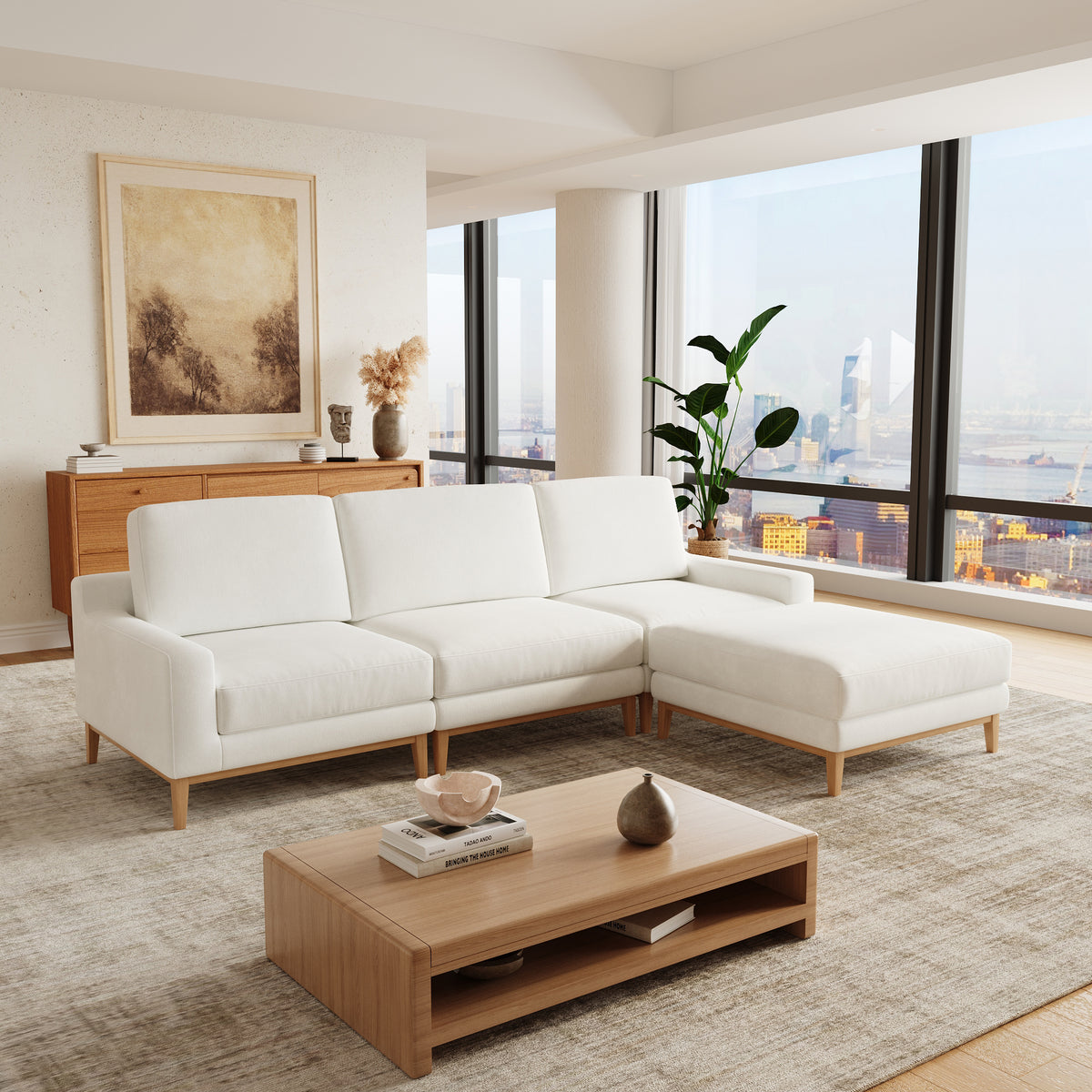 Modern Linen-Look L-Shaped Living Room Sectional Sofa