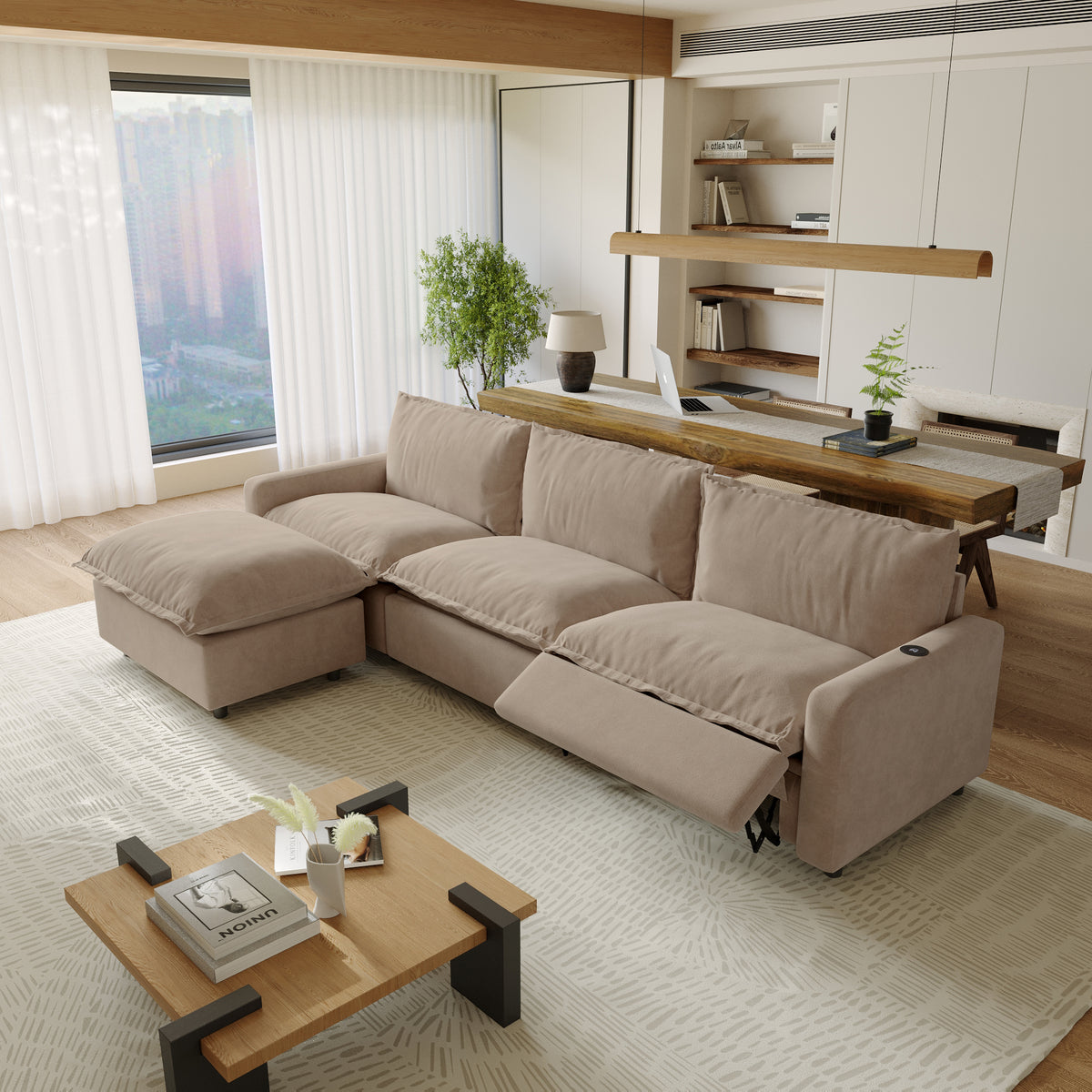 Contemporary Linen-Look Sectional with Wireless Charging