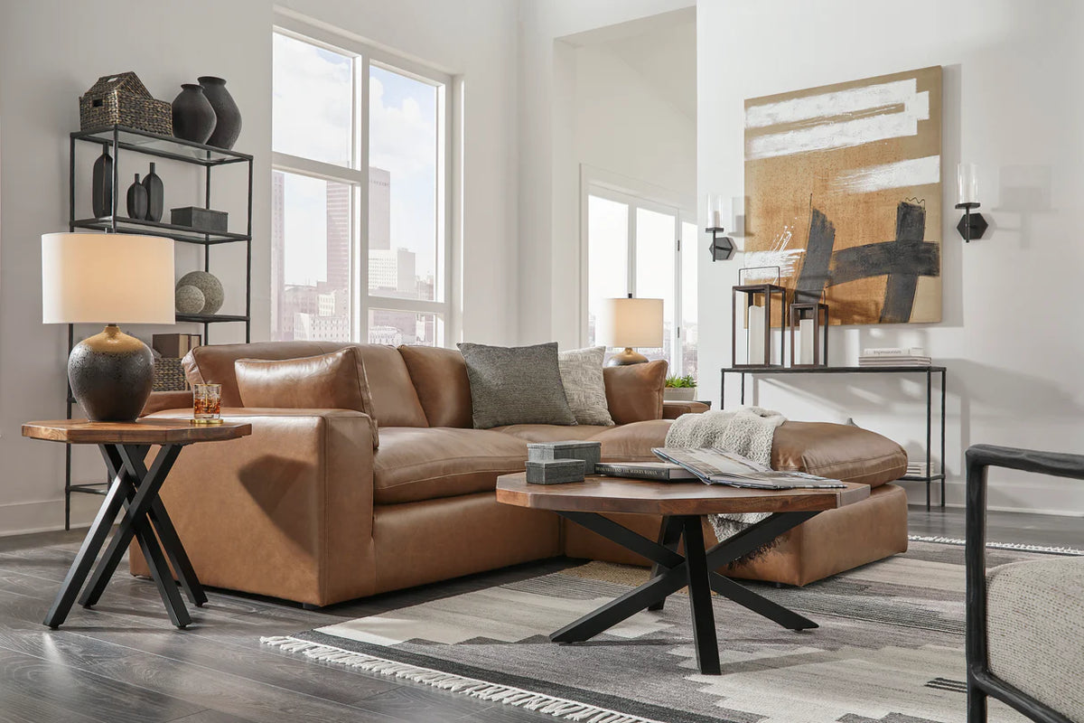 Emilia Caramel Leather 3-Piece Modular Seating with Ottoman