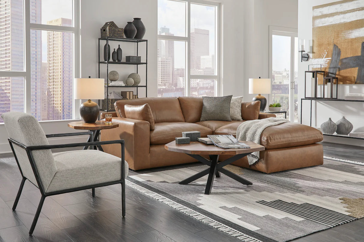 Emilia Caramel Leather 3-Piece Modular Seating with Ottoman