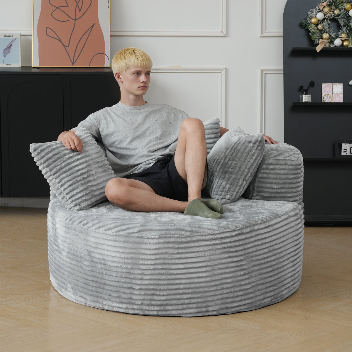 Contemporary Round Corduroy Accent Chair with Pillows