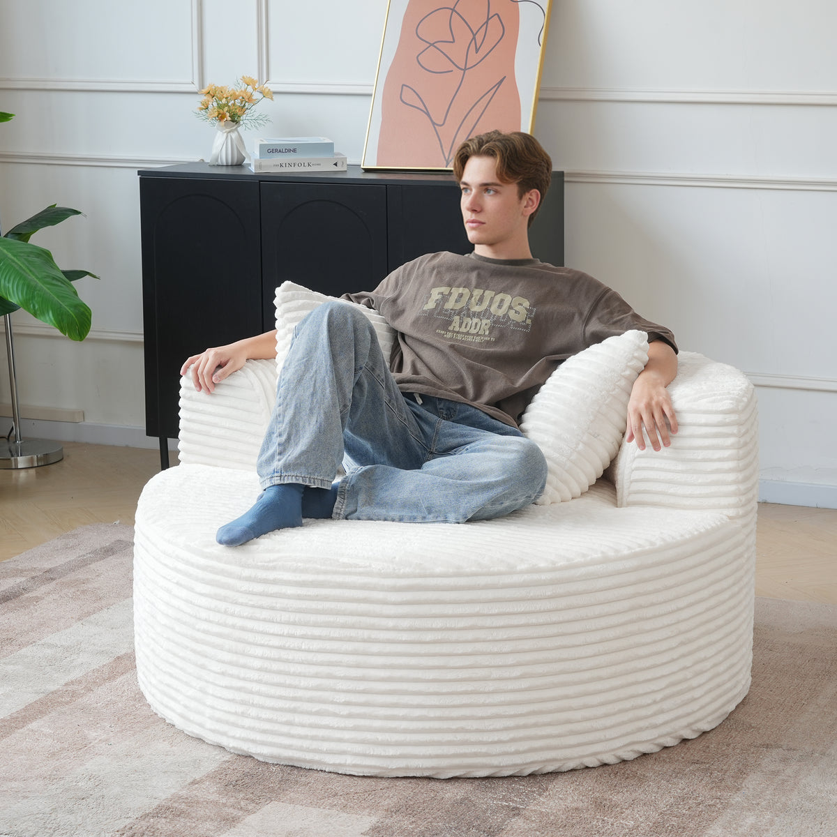 Contemporary Round Corduroy Accent Chair with Pillows