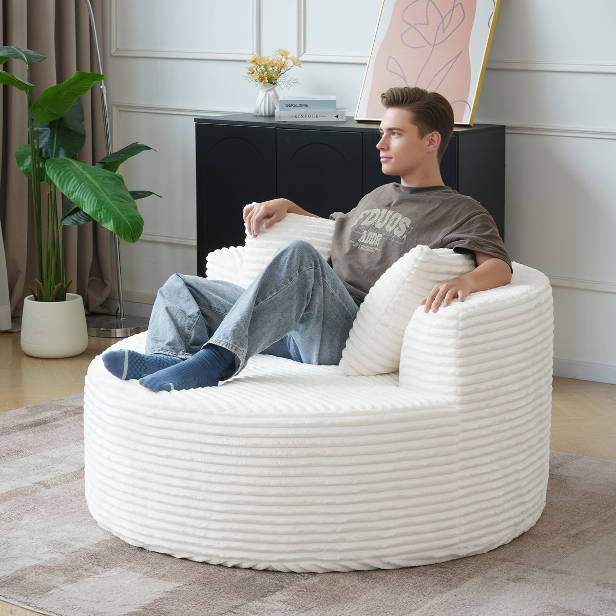 Contemporary Round Corduroy Accent Chair with Pillows