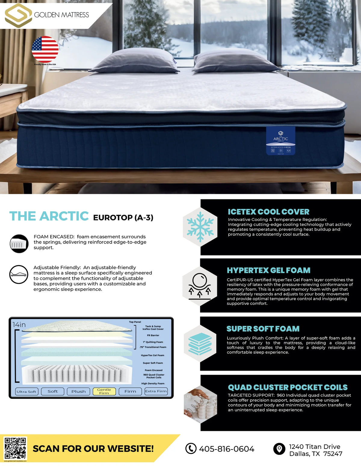 Arctic Luxury EuroTop Mattress A3 – 14" Cooling, Gel Foam w/ 10-year warranty