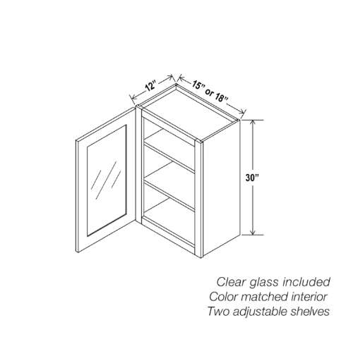 Gabinete de pared gris Shaker de una puerta de 30″ de alto con puerta de vidrio