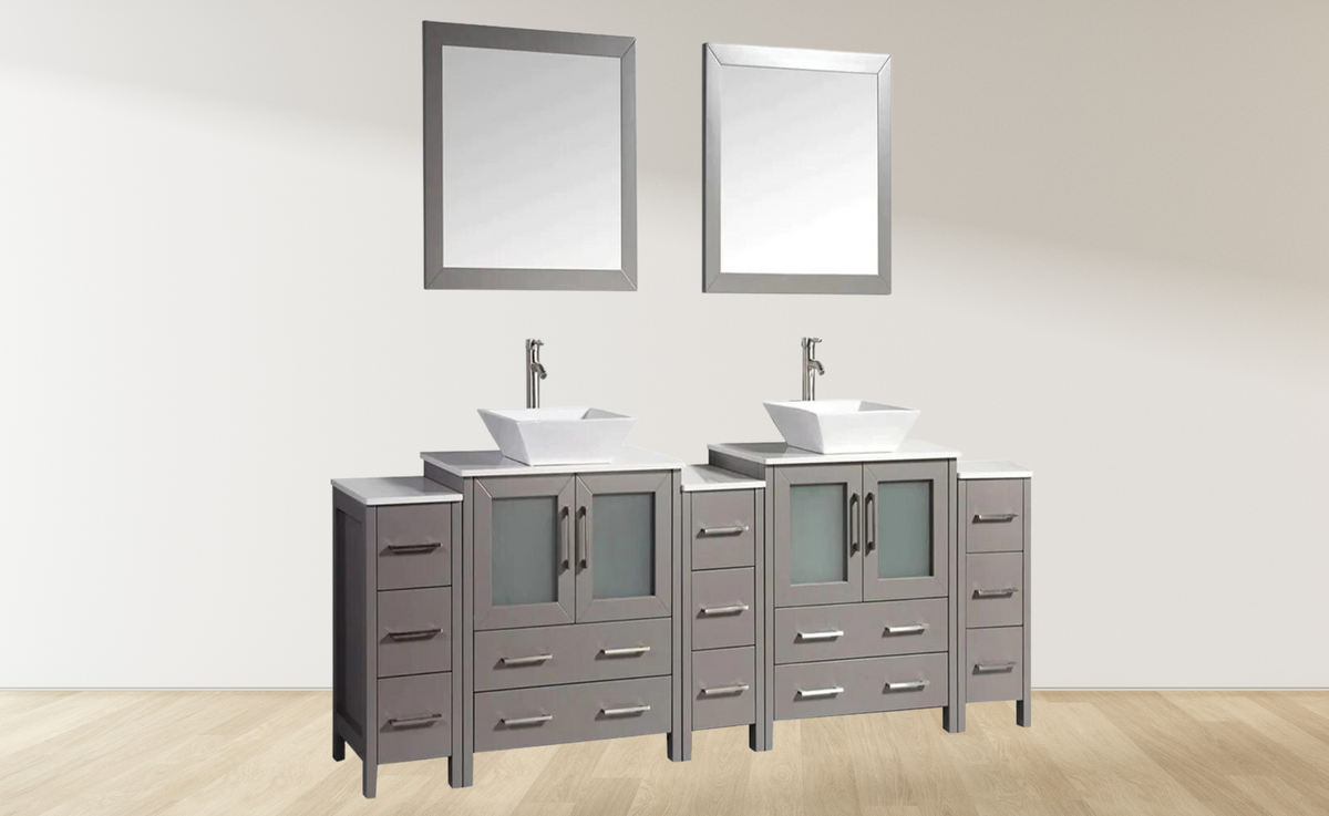 Conjunto de tocador de baño con lavabo doble de 96 pulgadas en gris