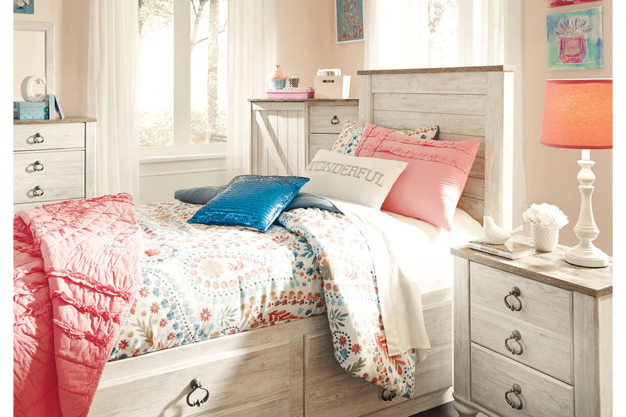 Willowton Whitewash Twin Panel Bed with Storage Drawers