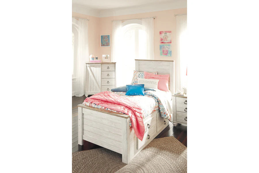 Willowton Whitewash Twin Panel Bed with Storage Drawers