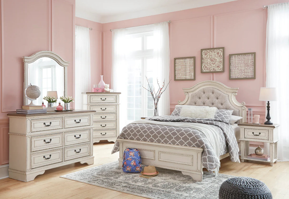 Realyn Chipped White Upholstered Youth Panel Bedroom Set
