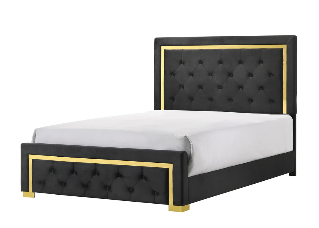 Juego de dormitorio tapizado con paneles negros y dorados Pepe