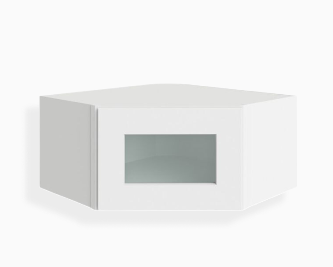 Estante de pared esquinero diagonal blanco Shaker de 30 x 68 cm y 61 cm con puerta de vidrio
