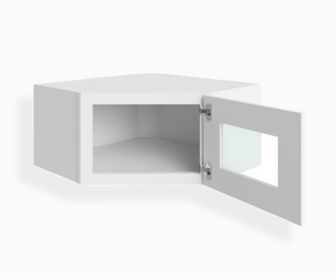 Estante de pared esquinero diagonal blanco Shaker de 30 x 68 cm y 61 cm con puerta de vidrio