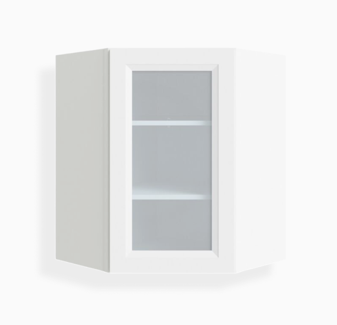 White Shaker 24″ Diagonal Corner Wall Shelf with Glass Door