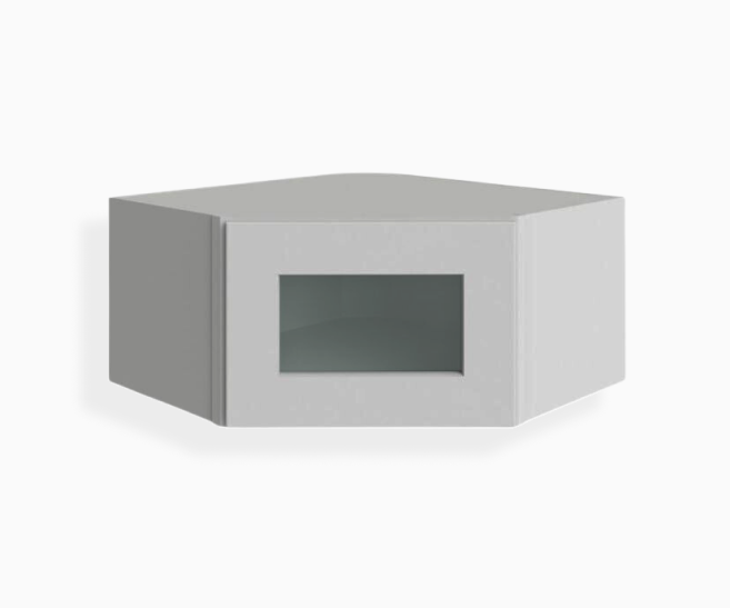 Estante de pared esquinero diagonal gris Shaker de 12 x 24 pulgadas con puerta de vidrio