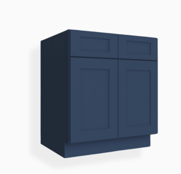 Gabinete base azul marino estilo Shaker con puertas dobles y cajones