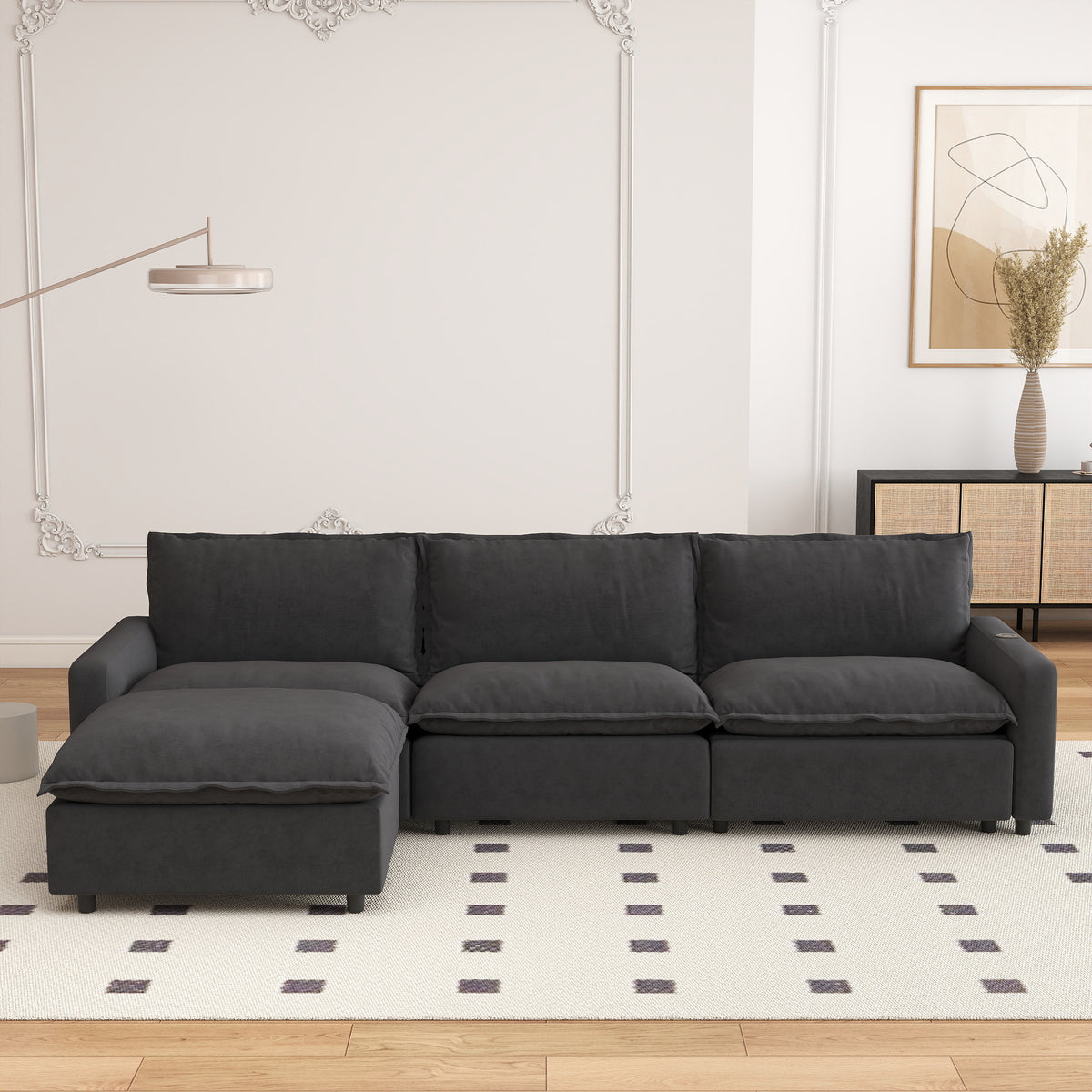 Contemporary Linen-Look Sectional with Wireless Charging