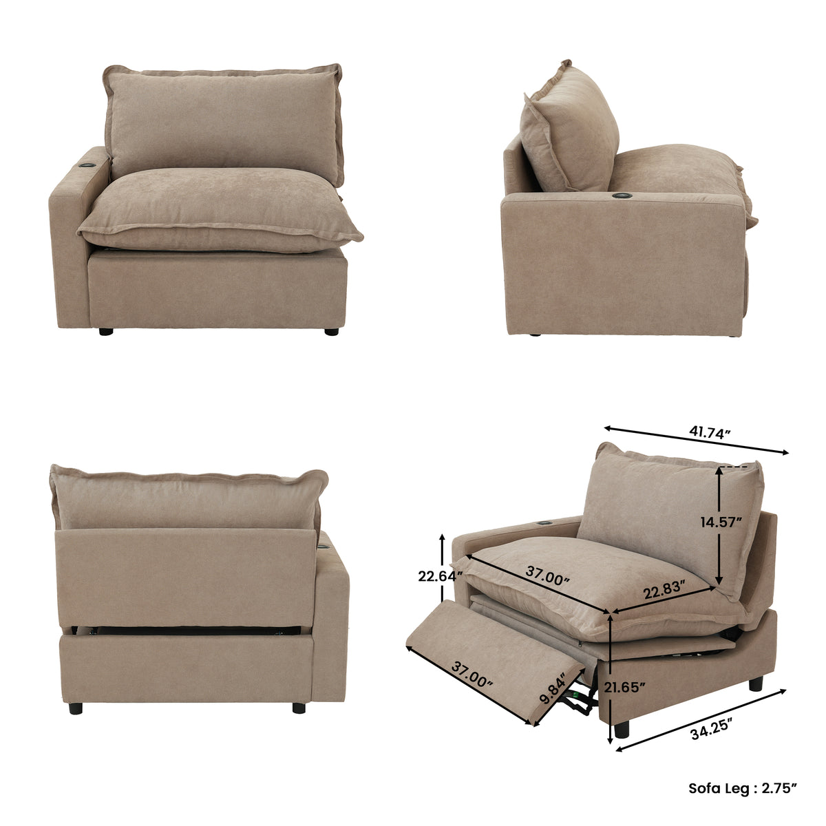 Contemporary Linen-Look Sectional with Wireless Charging