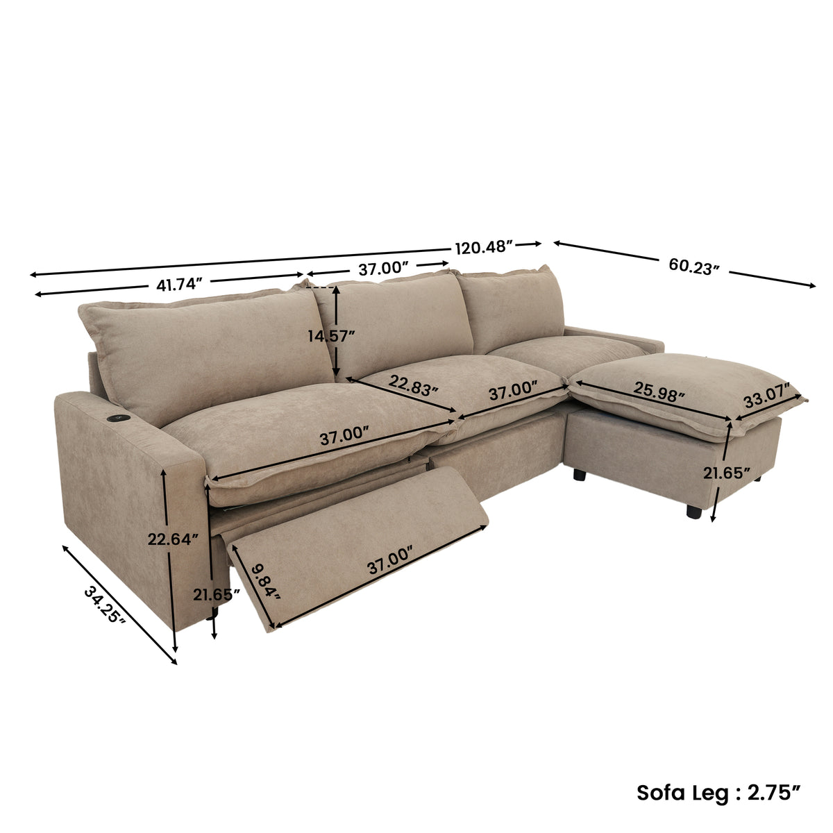 Contemporary Linen-Look Sectional with Wireless Charging