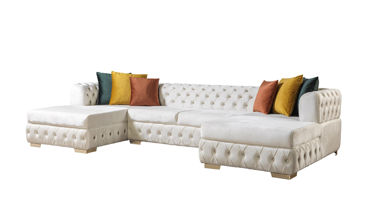 Sofá seccional doble chaise Matilda de terciopelo marfil con mechones