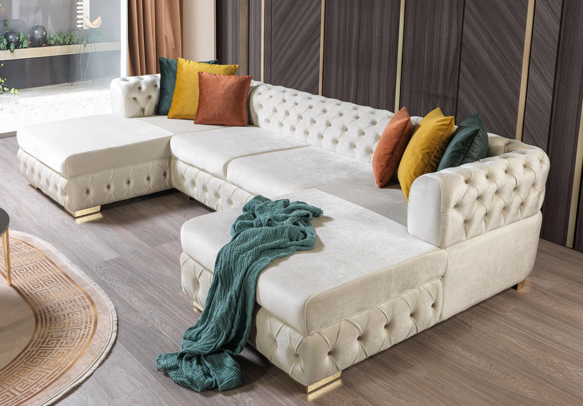 Matilda Tufted Ivory Velvet Double Chaise Sectional Sofa
