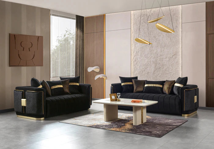Carlina Velvet Sofa and Loveseat Set, Black or Ivory