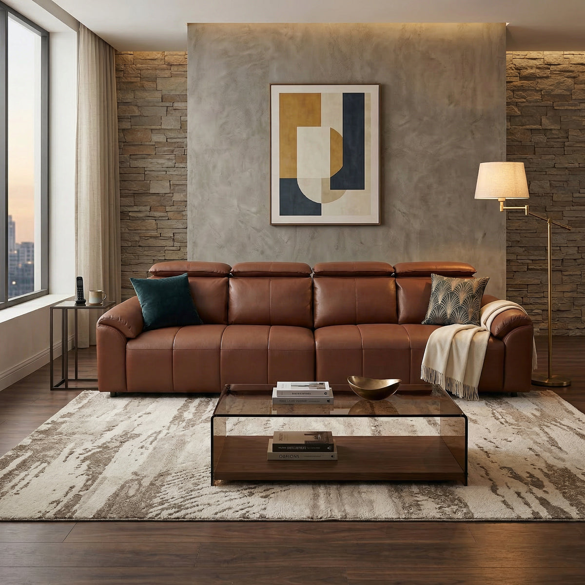 Modern Brown 4-Seat Leather-Look Sofa