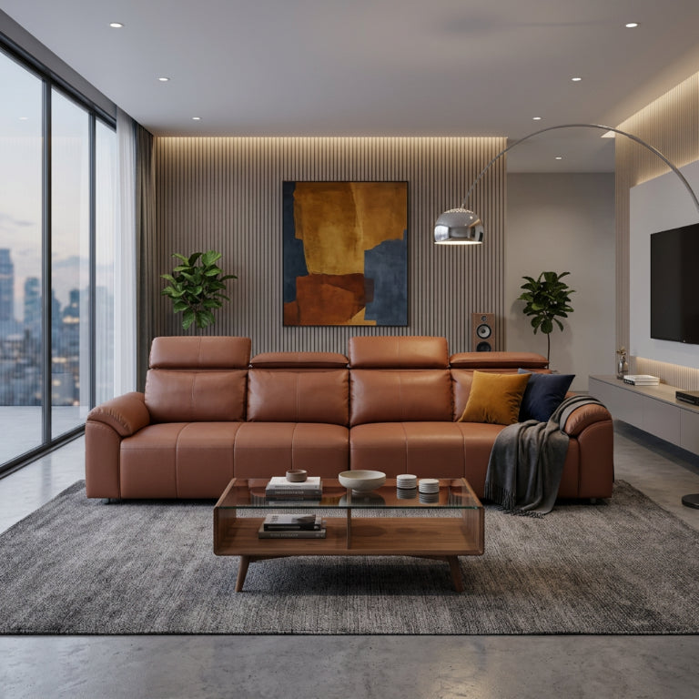 Modern Brown 4-Seat Leather-Look Sofa