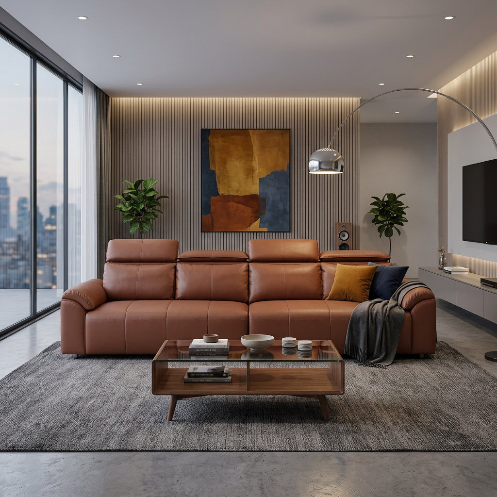 Modern Brown 4-Seat Leather-Look Sofa