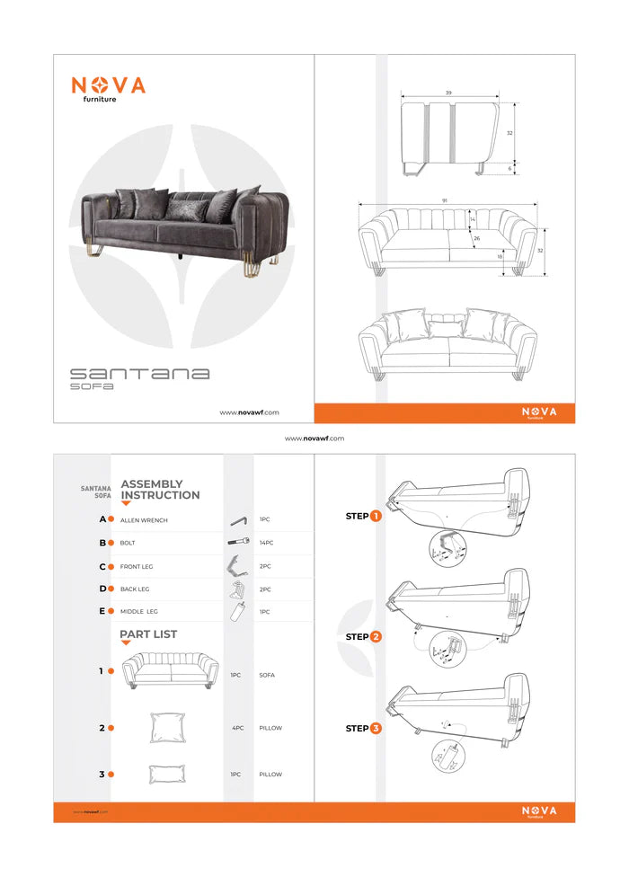 Santana Velvet Sofa, Smoke, Ivory, Silver or Coffee