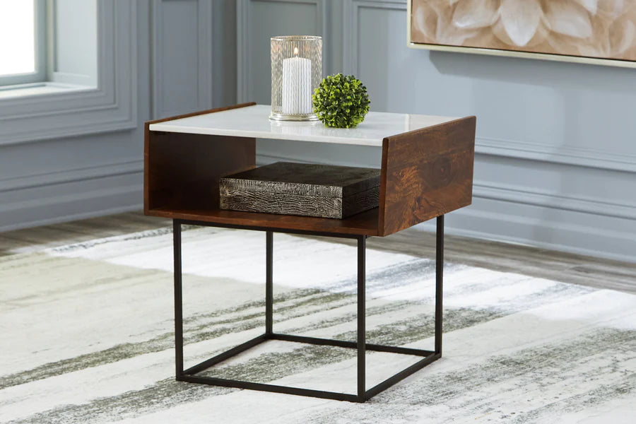 Rusitori Brown End Table with Marble Top