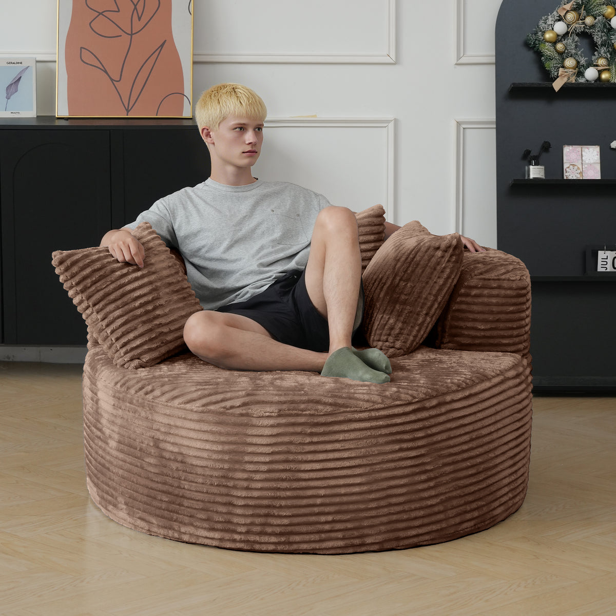 Contemporary Round Corduroy Accent Chair with Pillows