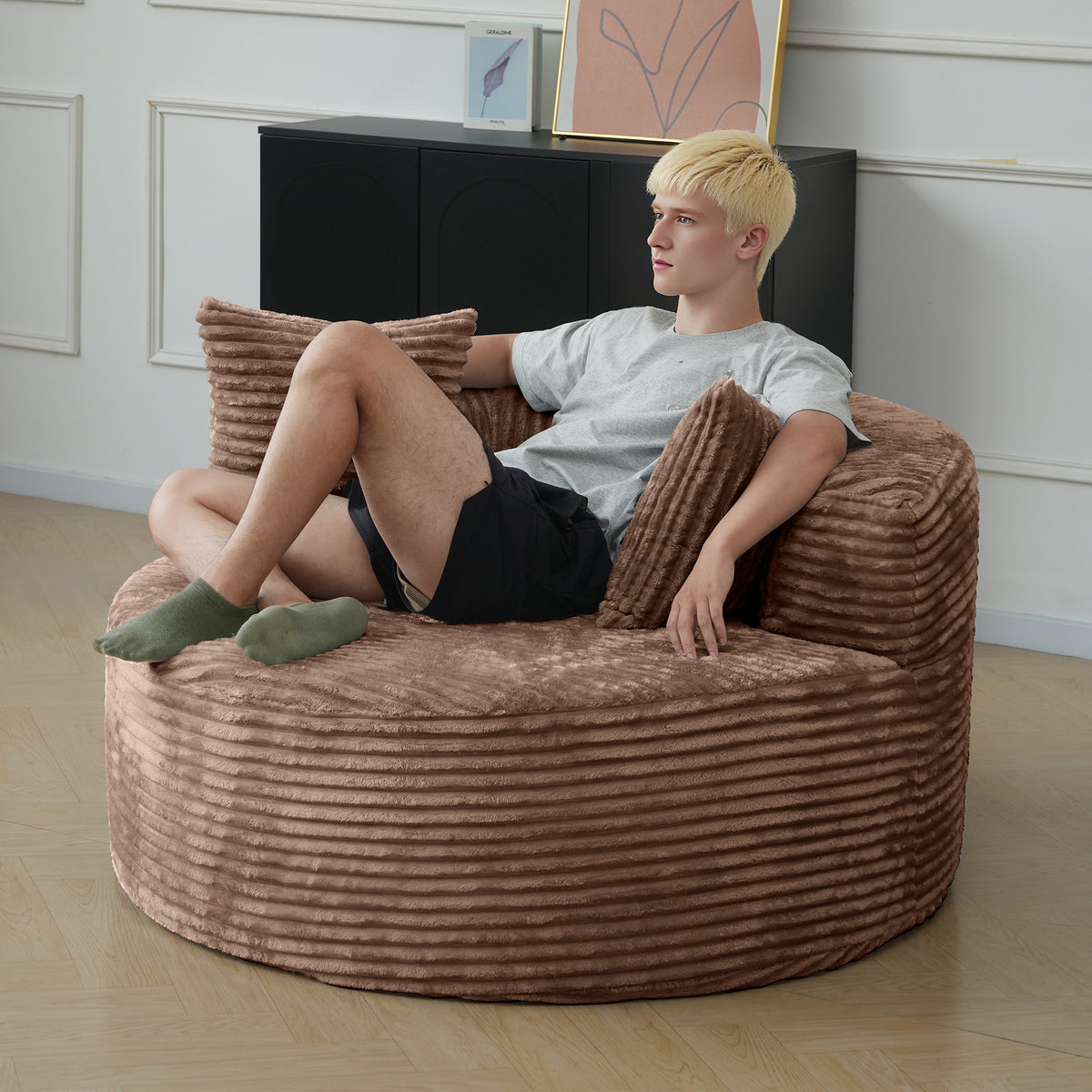 Contemporary Round Corduroy Accent Chair with Pillows