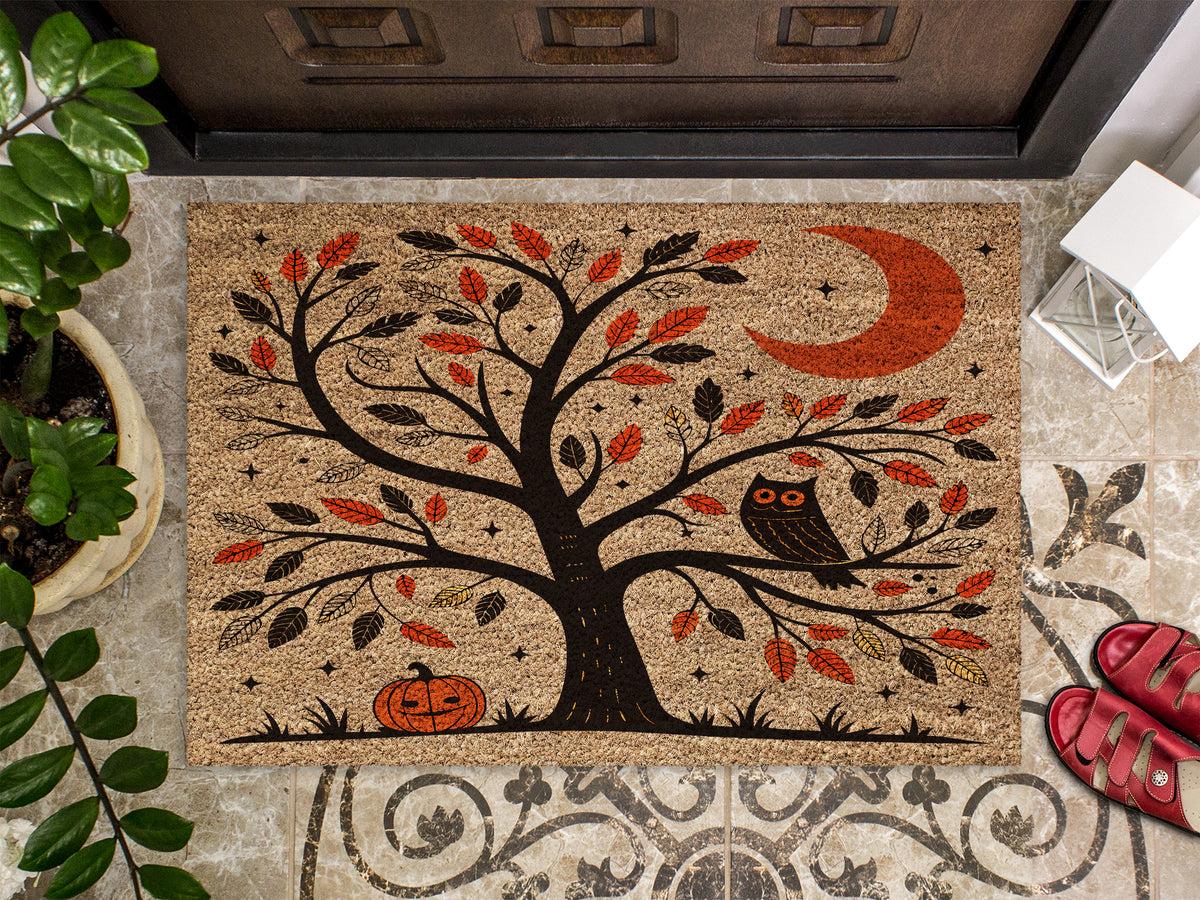 Felpudo con árbol de búho de arte folclórico escandinavo