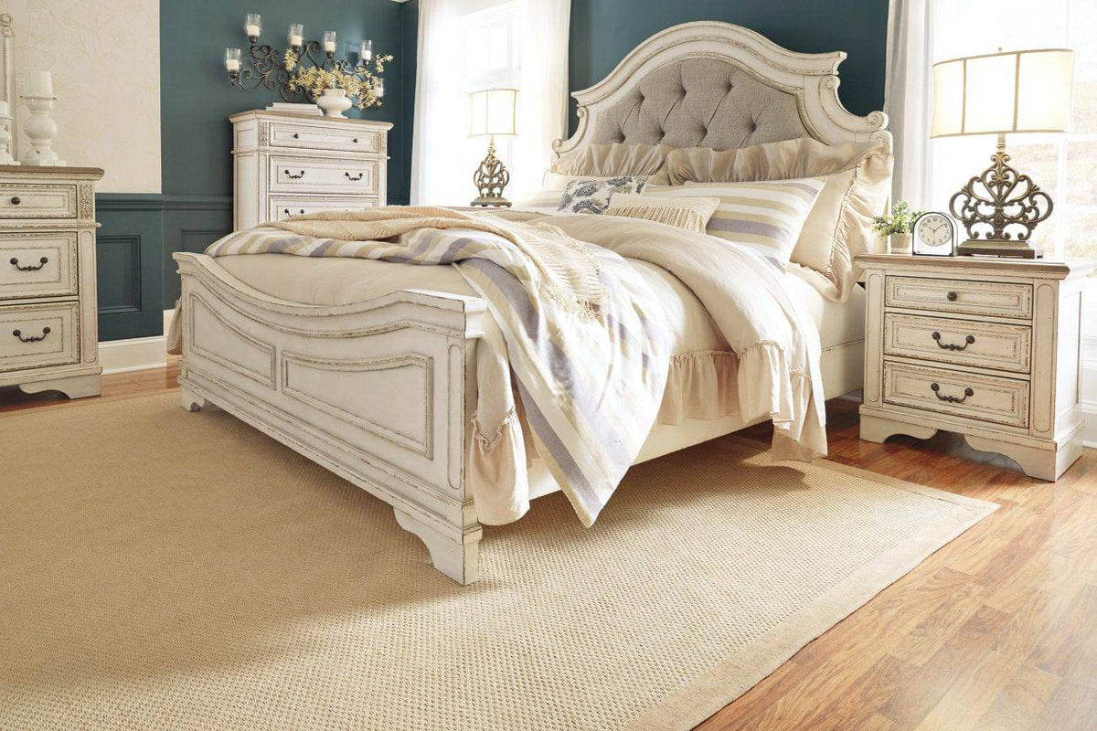 Realyn Chipped White Upholstered Panel Bed