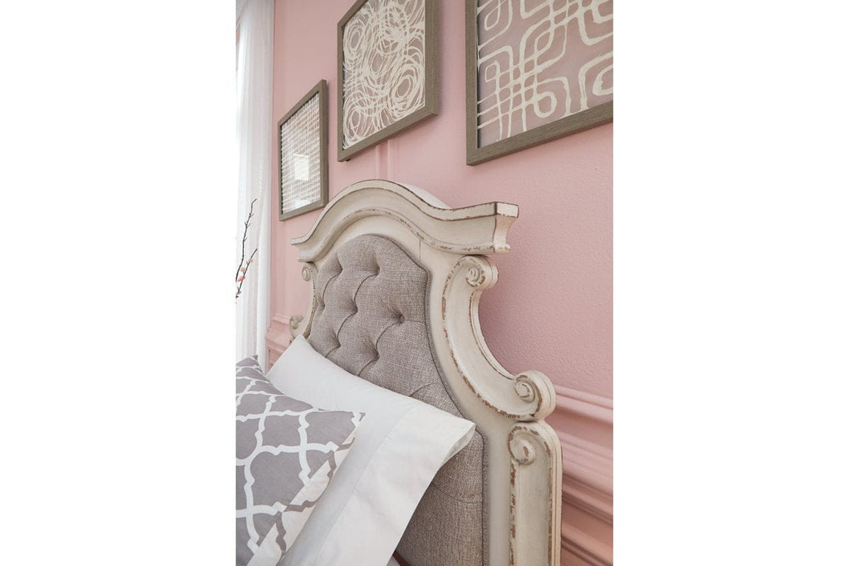 Realyn Chipped White Upholstered Panel Bed