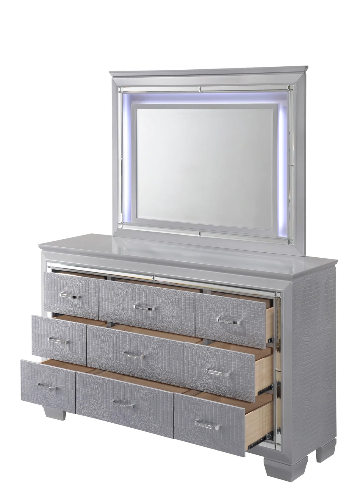 Juego de dormitorio tapizado con LED plateado Lillian