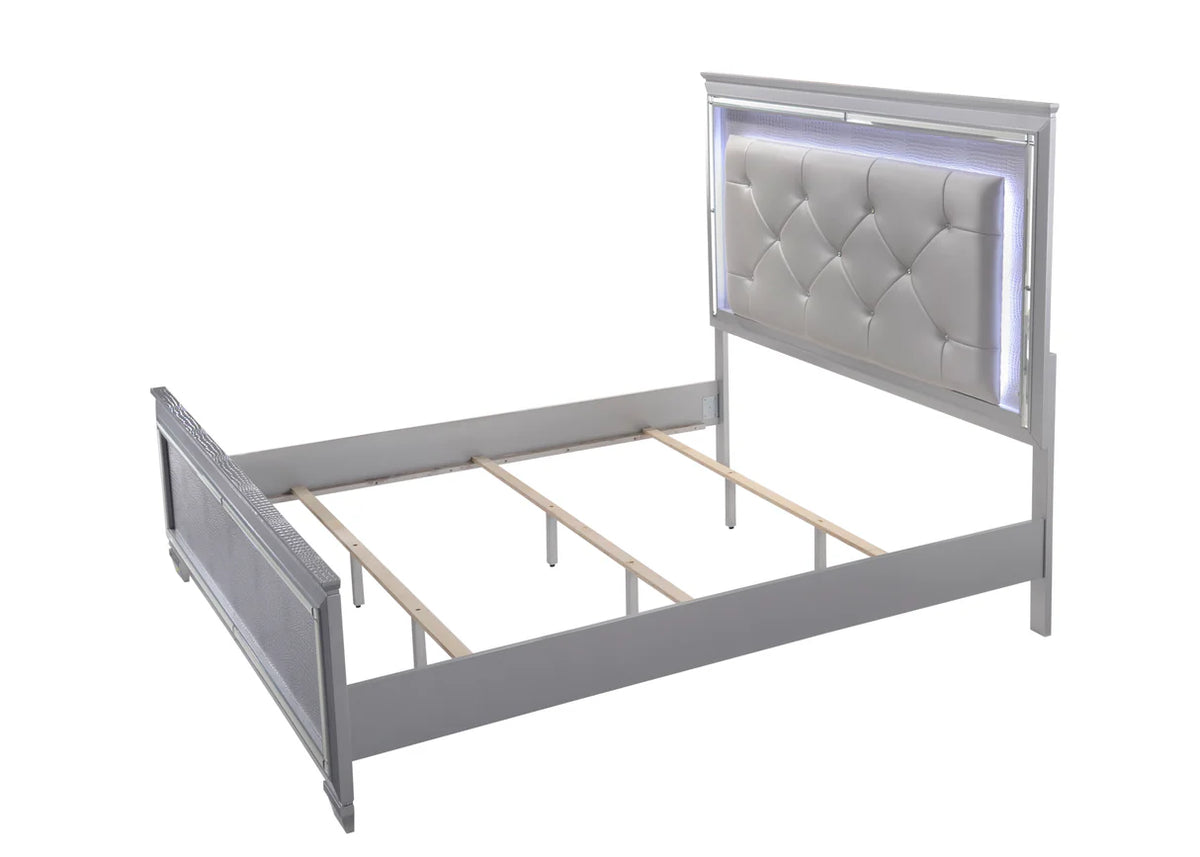 Juego de dormitorio tapizado con LED plateado Lillian