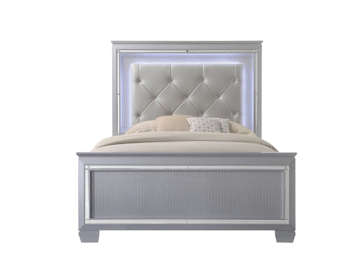 Juego de dormitorio tapizado con LED plateado Lillian